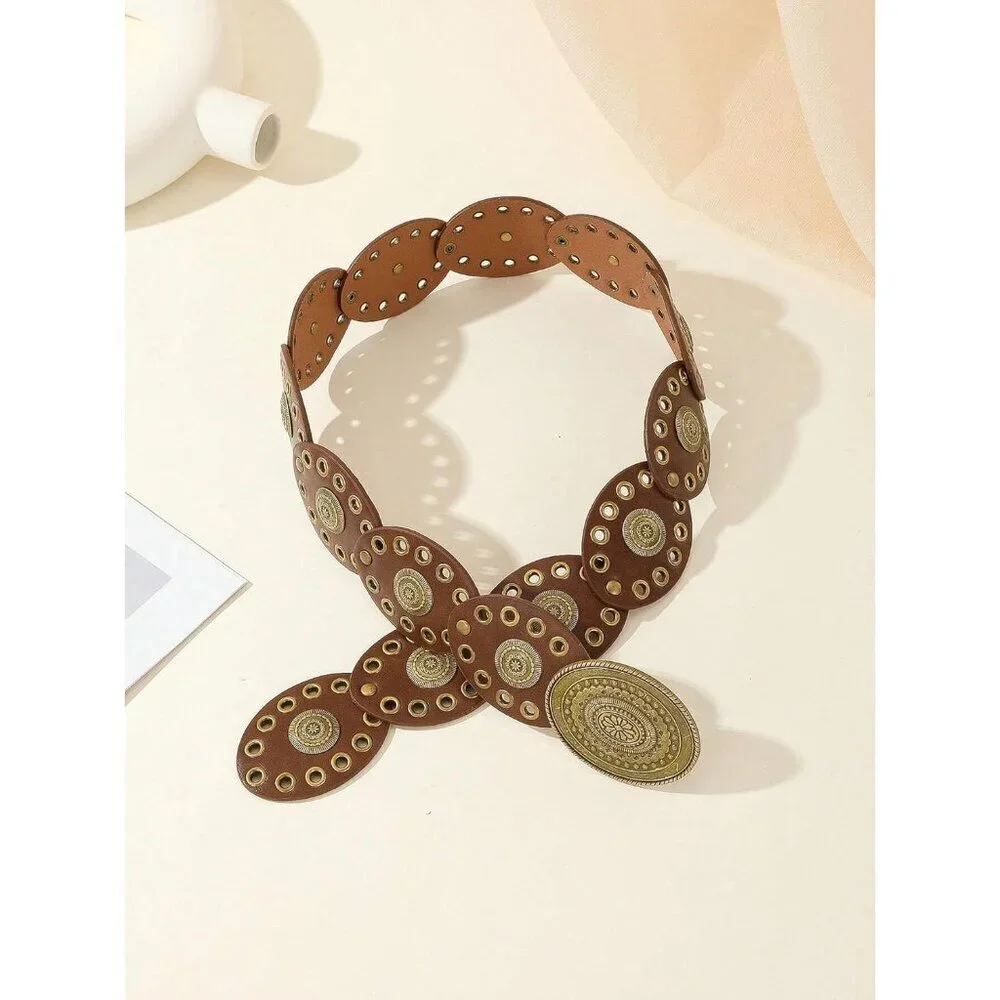 Women's Wide Western Disc Belt Vintage Cowgirl Concho Leather Belts Boho Style - Picture 6 of 6
